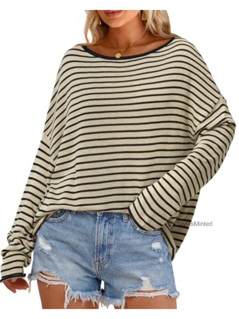 Oversized Linen Blend Off Shoulder Striped Summer Sweater Pullover